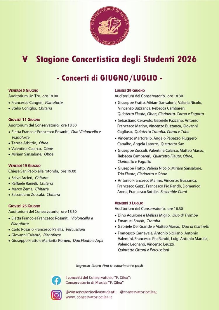 5.a Stagione concertistica degli studenti: i concerti di gugno-luglio 2026