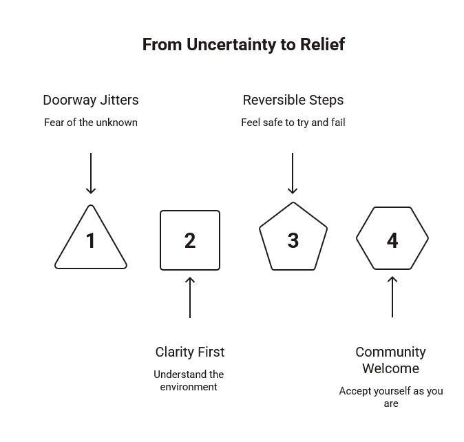 Simple four-step infographic showing a journey from uncertainty to relief, moving from doorway jitters to clarity, reversible steps, and a welcoming sense of community.