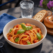 A bowl of tomato pasta garnished with fresh basil leaves, perfect for pre-run carbs, served with slices of bread and a glass of water. Austin Marathon Half Marathon & 5K
