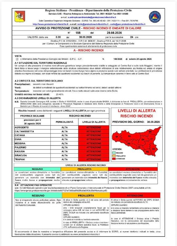 Domenica 30/08/2026, PERICOLOSITA' INCENDI ALTA su tutte le province, dichiarato livello di ALLERTA RISCHIO INCENDI su t...