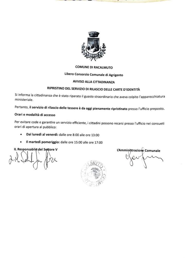 Comune di Racalmuto: Il sindaco informa Posted