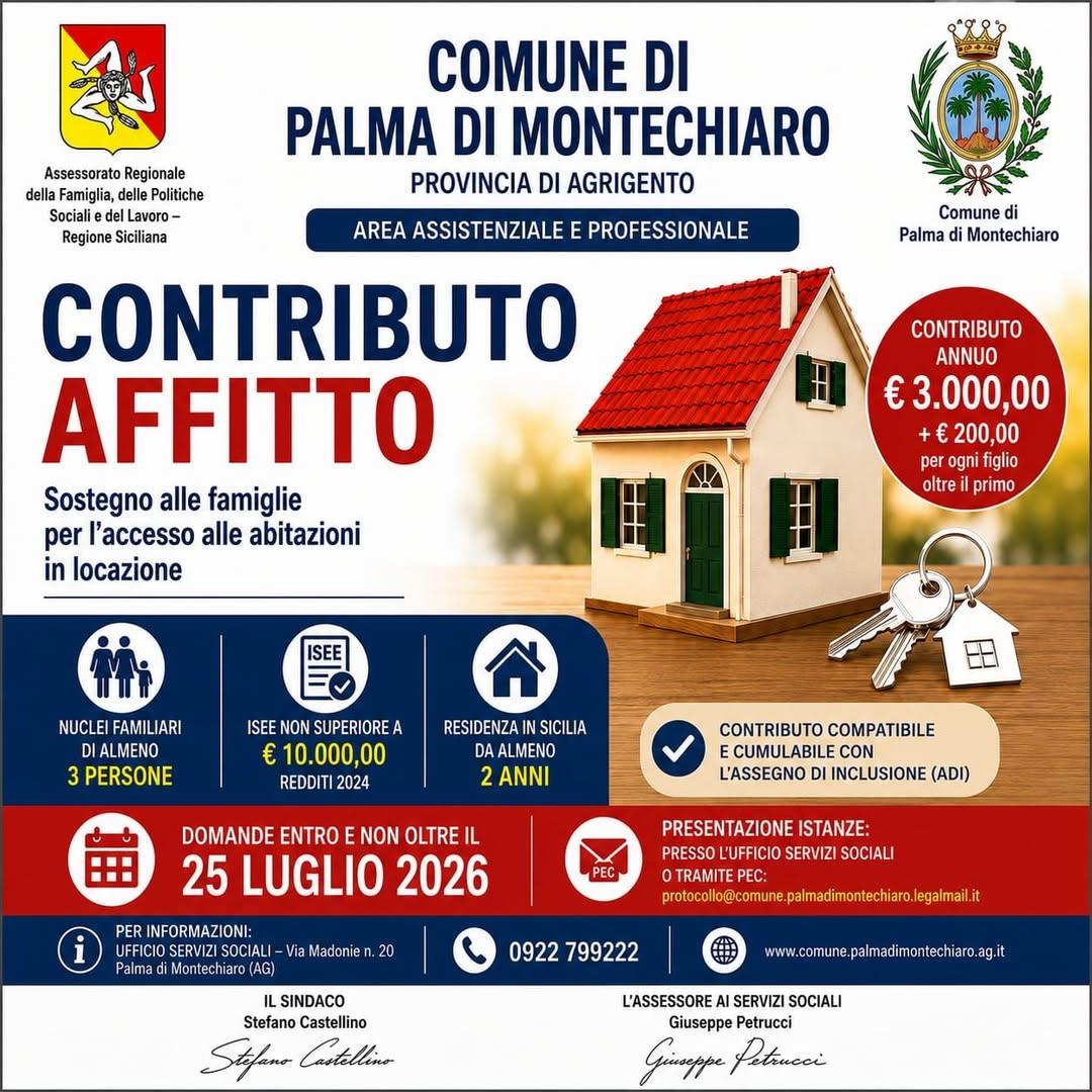 CONTRIBUTO AFFITTO 2026 Sostegno alle famiglie per l’accesso alle abitazioni in locazione L'Amministrazione Comunale di...