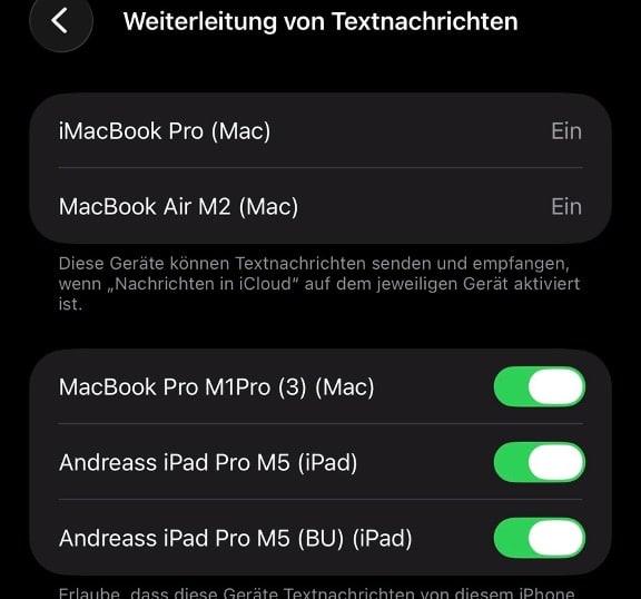 iPhone-Einstellungen zur Weiterleitung von Textnachrichten