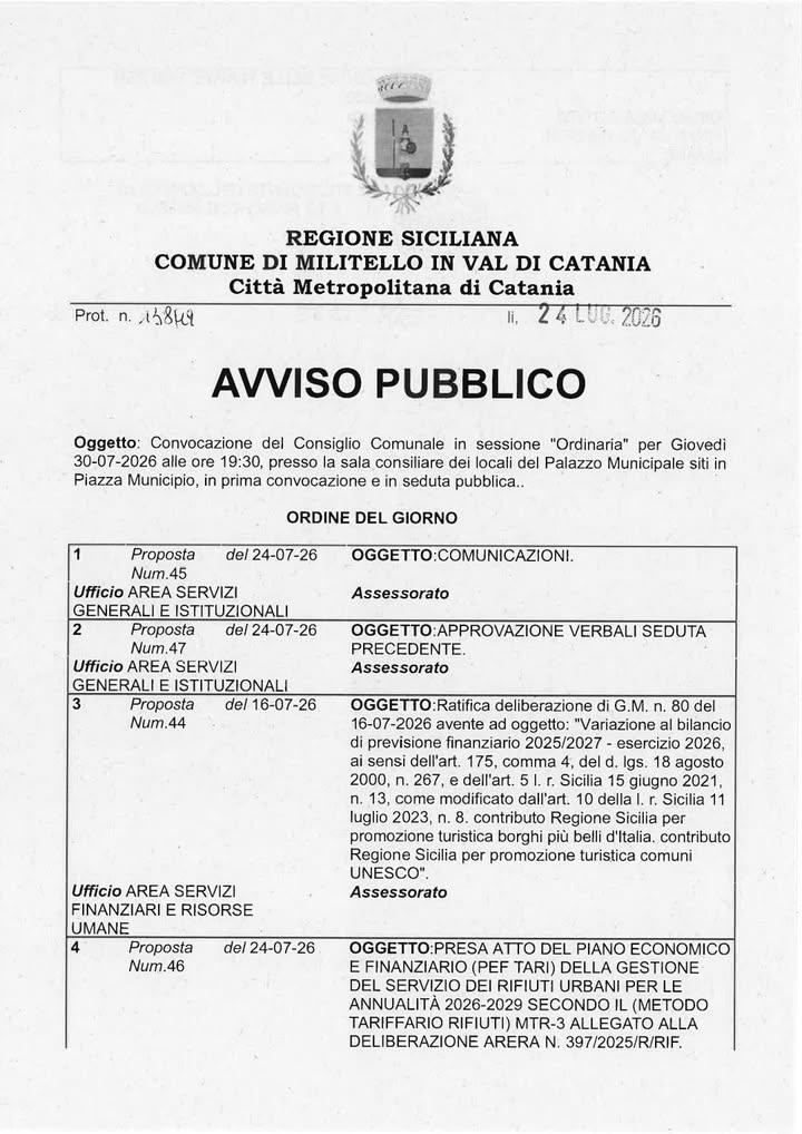 Convocazione del Consiglio Comunale in sessione "Ordinaria" per Giovedì 30-07-2026 alle ore 19:30, presso la sala consil...