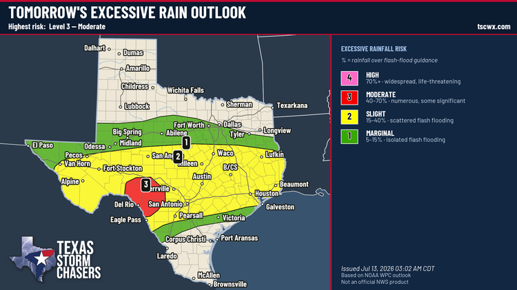 Texas excessive rain outlook for tomorrow showing a Level 3 moderate flash flooding risk across the Hill Country and South-Central Texas.