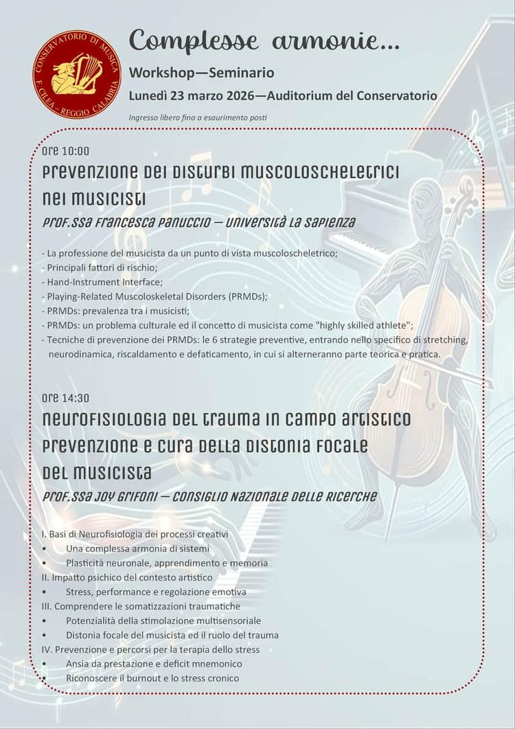 "Complesse armonie", workshop/seminario sui disturbi muscoloscheletrici del musicista - Lunedì 23 marzo 2026, ore 10