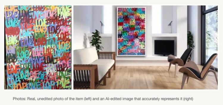 Side-by-side images show colorful artwork covered in the word “LOVE”: an unedited photo on the left and an AI-edited image placing it above a living room fireplace on the right.