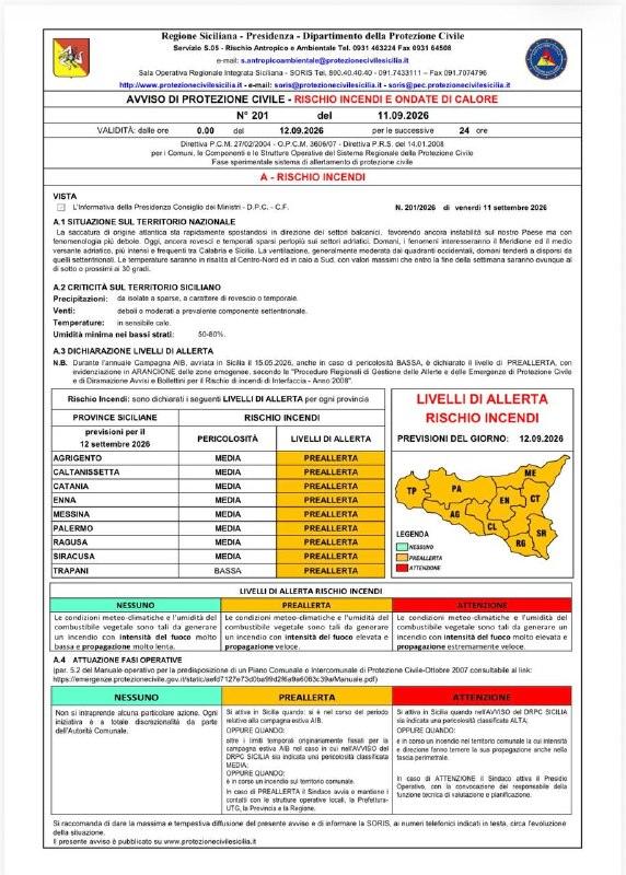 Sabato 12.09.2026 pericolosità incendi MEDIA sulle province di AG, CL, CT, EN, ME, PA, RG e SR, BASSA nella provincia di...