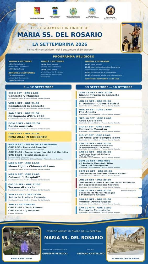 FESTEGGIAMENTI IN ONORE DI MARIA SS. DEL ROSARIO – SETTEMBRINA 2026: FEDE, TRADIZIONE, MUSICA E SPETTACOLO Da oggi, 3 se...