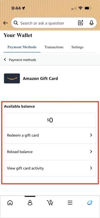 Amazon gift card details in app with red rectangle highlight