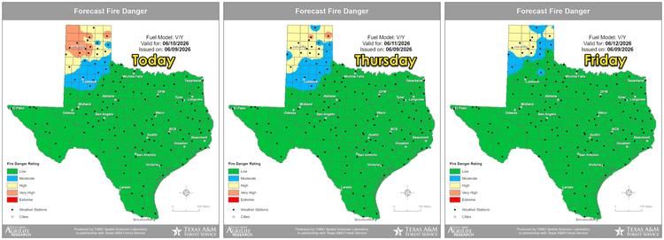 Three-panel Texas fire danger forecast for today, Thursday, and Friday, showing low fire danger for most of Texas and elevated risk in parts of the Panhandle.