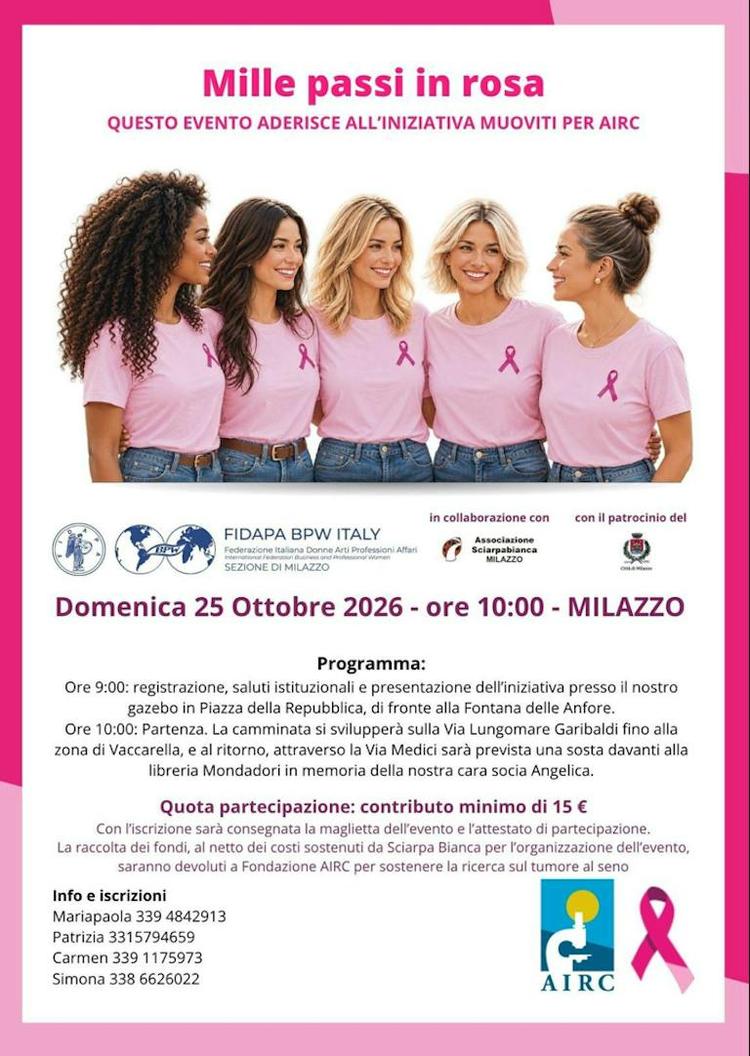 “Mille passi in rosa”, domenica 25 ottobre a Milazzo una camminata per sostenere la ricerca sul tumore al seno