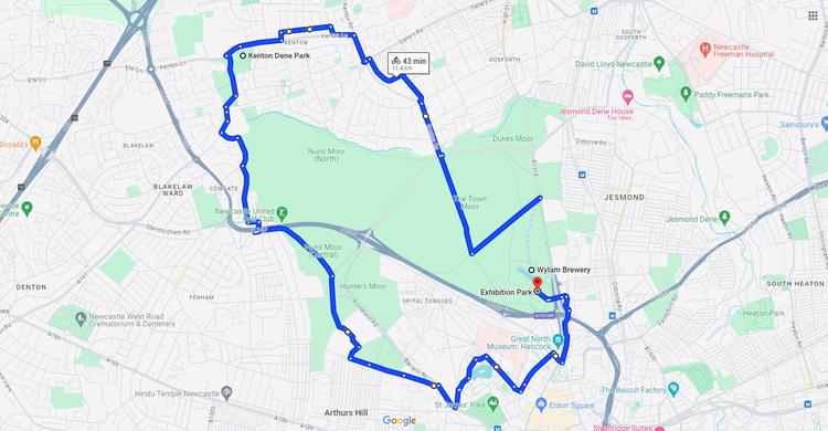 Route overview of the 11.5km Newcastle Cycle Route: Wylam Brewery, Leazes Park