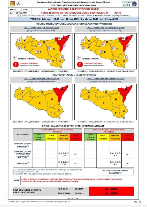 ATTENZIONE RISCHIO METEO-IDROGEOLOGICO E IDRAULICO. Dalle ore 16 di oggi 20/5/23 alle ore 24 di domani 21/5/23. Allerta...