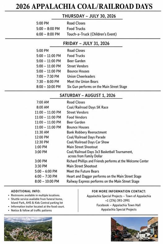 2026 Appalachia Coal and Railroad Days Schedule