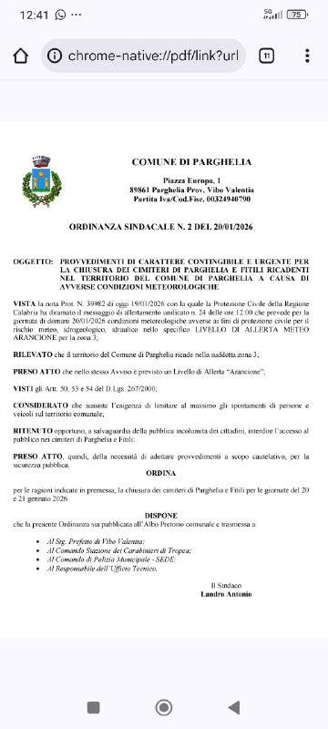 Chiusura dei cimiteri di Parghelia e Fitili