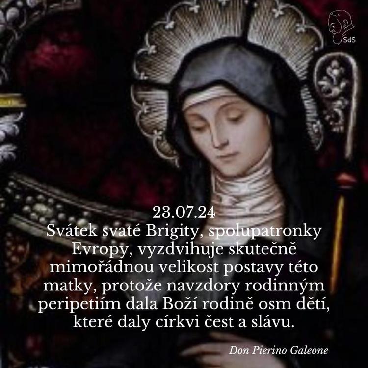 23.7.2024
Svátek svaté Brigity, spolupatronky Evropy, vyzdvihuje skutečně mimořádnou velikost postavy této matky, protože navzdory rodinným peripetiím dala Boží rodině osm dětí, které daly církvi čest a slávu.

Don Pierino Galeone