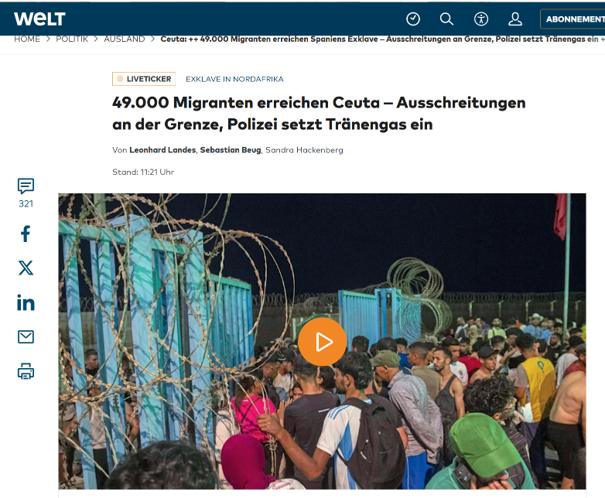 Beherrscht Schlagzeilen in Europa: Ansturm aus Marokko auf Ceuta. Screenshot Die Welt