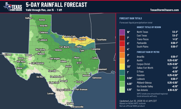 Five-day Texas rainfall forecast valid through Monday morning, June 15, showing the highest totals across North Texas, East Texas, and the Trans-Pecos.