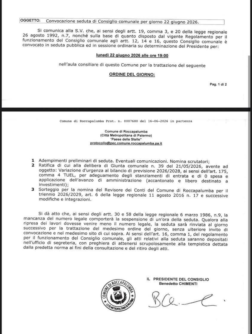 🔈Convocazione Consiglio Comunale 🔈 https://roccapalumba.civicam.it/live25-Consiglio-comunale-d…