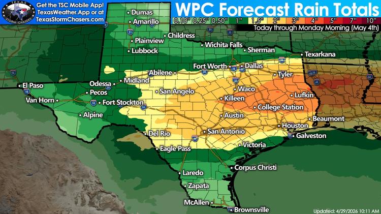 WPC forecast rain totals map for Texas through Monday morning, May 4, showing widespread 1 to 4 inch rainfall amounts, with locally higher totals in East Texas and Louisiana.