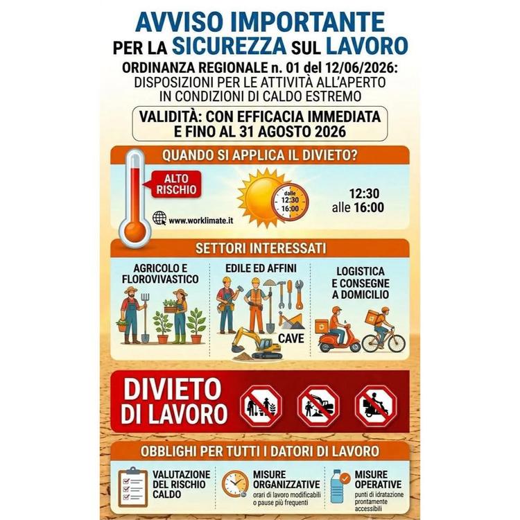 ordinanza regionale n. 01 del 12/06/2026, entrata in vigore immediatamente e valida fino al 31 agosto 2026, vengono intr...