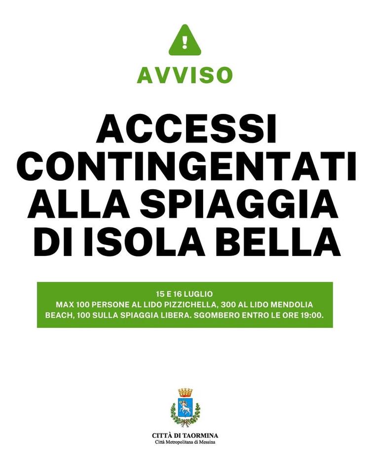 Accessi contingentati alla spiaggia di Isola Bella: 15 e 16 luglio In occasione degli eventi Dolce & Gabbana, nelle gior...