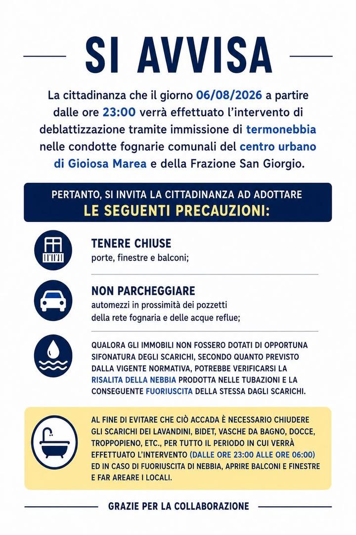 ⚠️ AVVISO ALLA CITTADINANZA Si informa che questa sera, 6 agosto, dalle ore 23:00, sarà effettuato un intervento di debl...