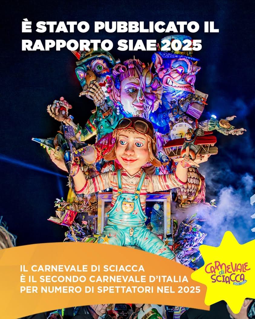 🎭 IL CARNEVALE DI SCIACCA È IL 2° CARNEVALE D’ITALIA PER NUMERO DI SPETTATORI NEL 2025! Il Rapporto SIAE 2025 certifica...