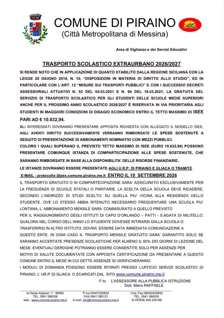 🚌 TRASPORTO SCOLASTICO EXTRAURBANO 2026/2027