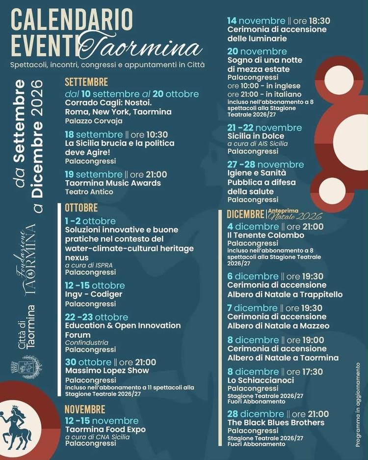 Taormina, un unico calendario per vivere la città Mostre, spettacoli, incontri, congressi, appuntamenti culturali e gran...