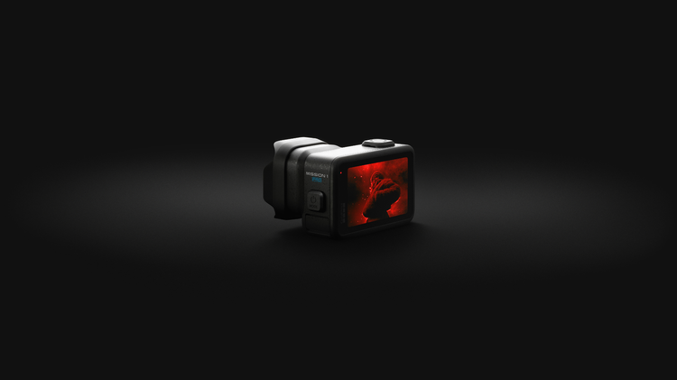 The GoPro Mission 1 Pro from the rear on a black background.