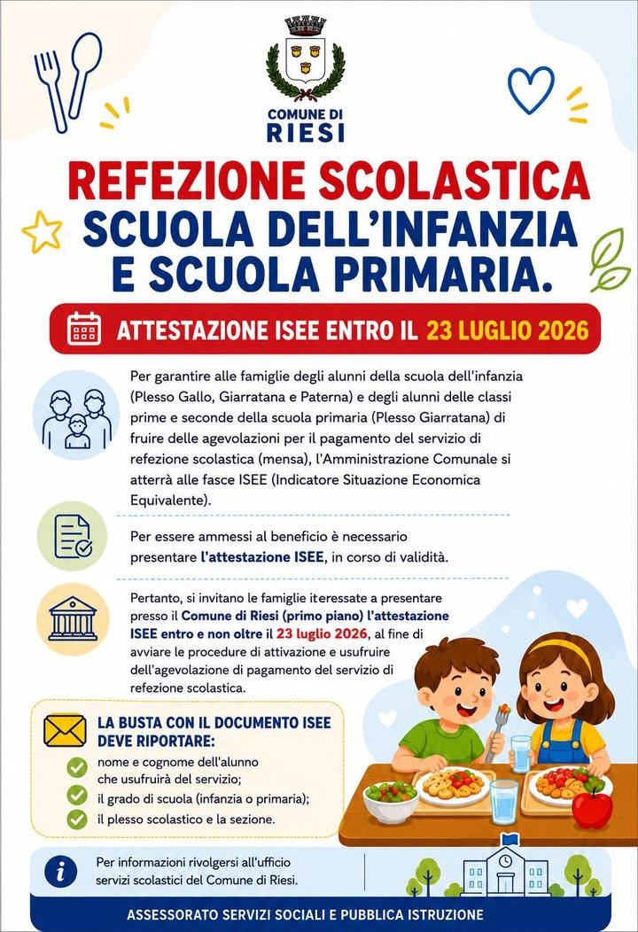 REFEZIONE SCOLASTICA SCUOLA DELL'INFANZIA E SCUOLA PRIMARIA. ATTESTAZIONE ISEE ENTRO IL 23 LUGLIO 2026