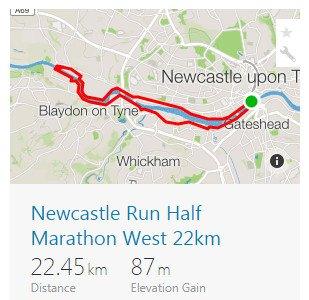 Route overview of the Newcastle Run River Tyne Half Marathon West (22km)