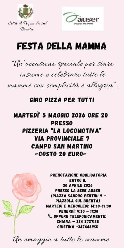 🌸 𝐅𝐞𝐬𝐭𝐚 𝐝𝐞𝐥𝐥𝐚 𝐌𝐚𝐦𝐦𝐚 𝐢𝐧 𝐜𝐨𝐦𝐩𝐚𝐠𝐧𝐢𝐚 🍕 In occasione della 🤱Festa della Mamma, Auser Piazzola  i...
