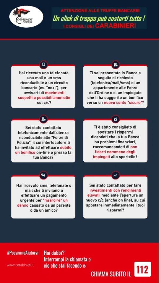 🚨 Truffe bancarie: i consigli dei Carabinieri 📲 Le truffe bancarie telefoniche e online sono sempre più diffuse nel no...