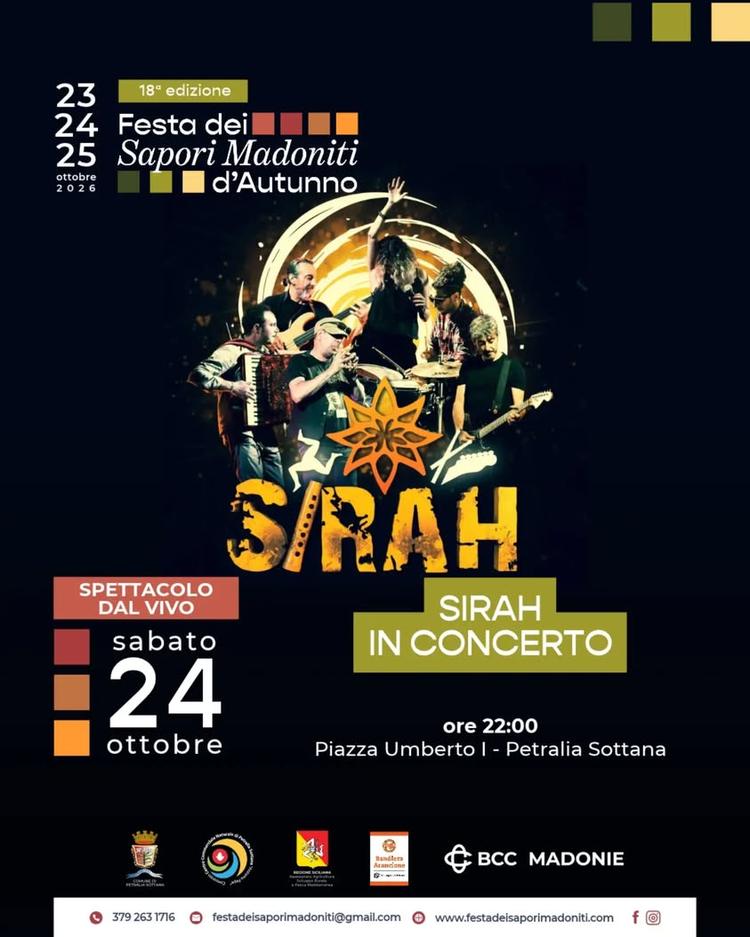 🎶 I SIRAH in concerto alla Festa dei Sapori Madoniti d’Autunno! 📅 sabato 24 ottobre 2026 🕙 ore 22:00 📍 piazza Umbert...