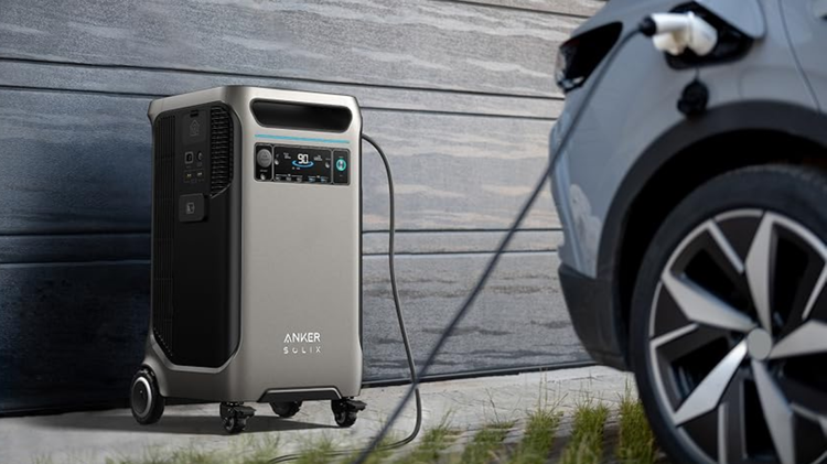 the anker solix f3800 portable power station hooked up to an electric vehicle