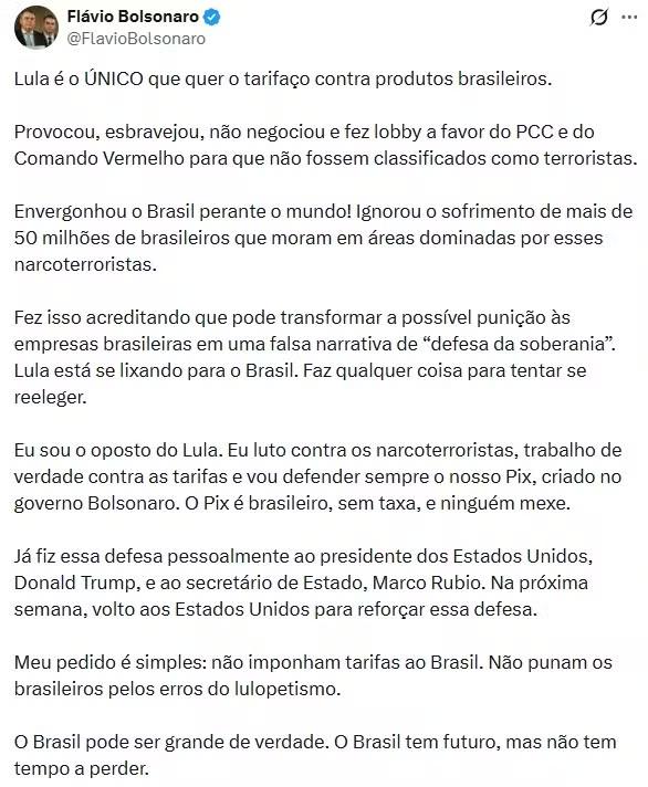 'Lula é o único que quer o tarifaço', responde Flávio após presidente atribuir à família Bolsonaro nova taxa dos EUA