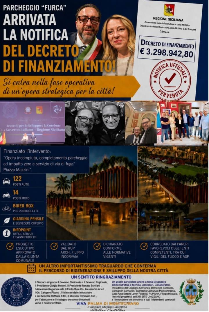 PARCHEGGIO “FURCA”: ARRIVATA OGGI LA NOTIFICA UFFICIALE DEL DECRETO DI FINANZIAMENTO – OLTRE 3 MILIONI