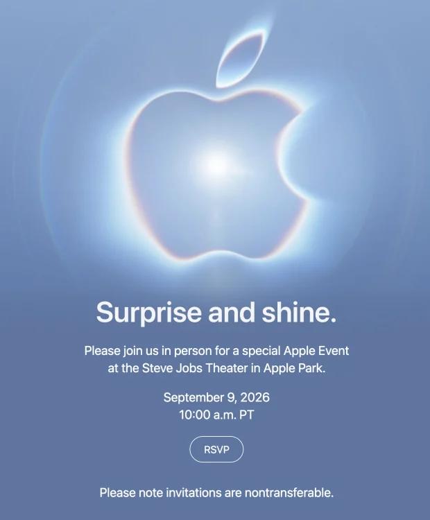 an invitation to the apple surprise and shine keynote event on september 9 2026