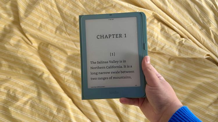 A Kindle Paperwhite Signature Edition with a Page Turn Cover