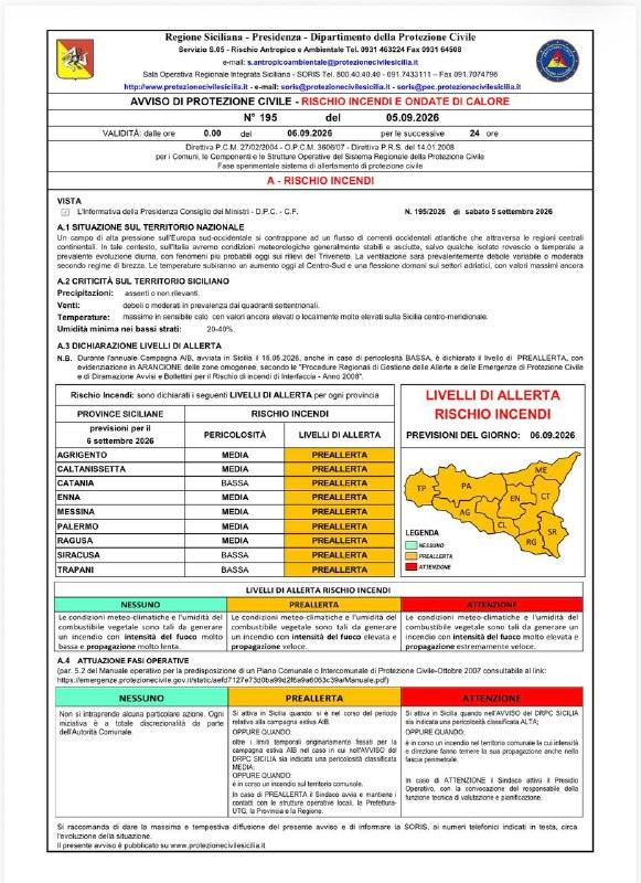 Domenica 06/09/2026, PERICOLOSITA' INCENDI MEDIA sulle province di AG, CL, EN, ME, PA e RG con dichiarato livello di PRE...