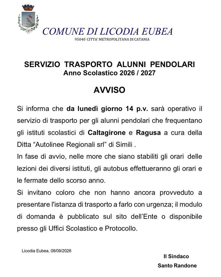 🚍✅ Si informa che da lunedì 14 settembre sarà operativo il servizio di trasporto per gli alunni pendolari che frequenta...