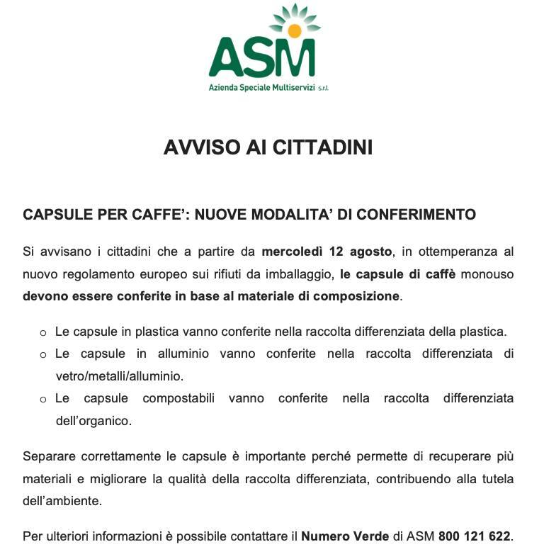 📣 AVVISO AI CITTADINI 📣 ♻️ CAPSULE PER CAFFE’: NUOVE MODALITA’ DI CONFERIMENTO ♻️ ✅ Si avvisano i cittadini che a part...