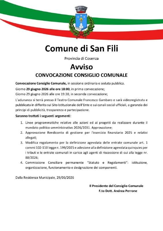 𝐀𝐯𝐯𝐢𝐬𝐨 - 𝐂𝐨𝐧𝐯𝐨𝐜𝐚𝐳𝐢𝐨𝐧𝐞 𝐂𝐨𝐧𝐬𝐢𝐠𝐥𝐢𝐨 𝐂𝐨𝐦𝐮𝐧𝐚𝐥𝐞 📌 29 giugno 2026 - ore 18:00