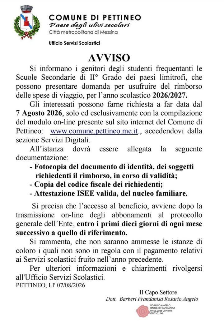 📚 RIMBORSO SPESE DI VIAGGIO – ANNO SCOLASTICO 2026/2027 Il Comune di Pettineo informa i genitori degli studenti frequen...