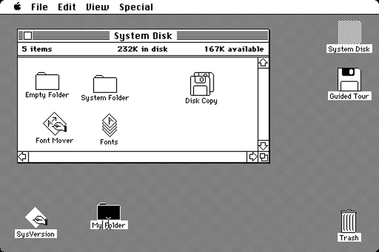 The original Macintosh System 1 desktop showing folders, windows and a trash can — analgies for real world office spaces