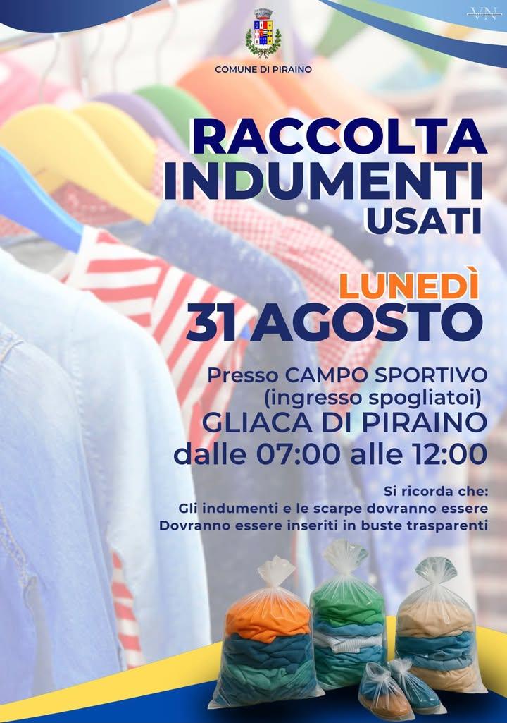 📌 Raccolta indumenti usati a Piraino ♻️👕 Lunedì 31 agosto 2026 sarà attivo il servizio di raccolta di indumenti usati...