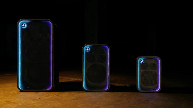 ULT Tower Max, ULT Tower 7, and ULT Tower 5 speakers sitting in a line